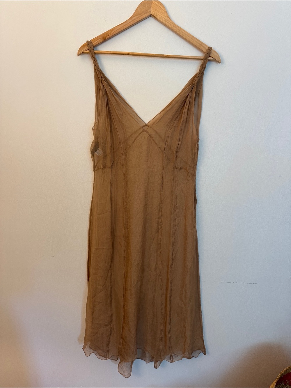 Sheer V-Neck Slip Dress in Camel